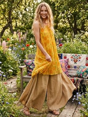 Gundrun Sjoden 100% Organic Cotton Floral Dress Pockets Lagenlook Boho Tunic NWT